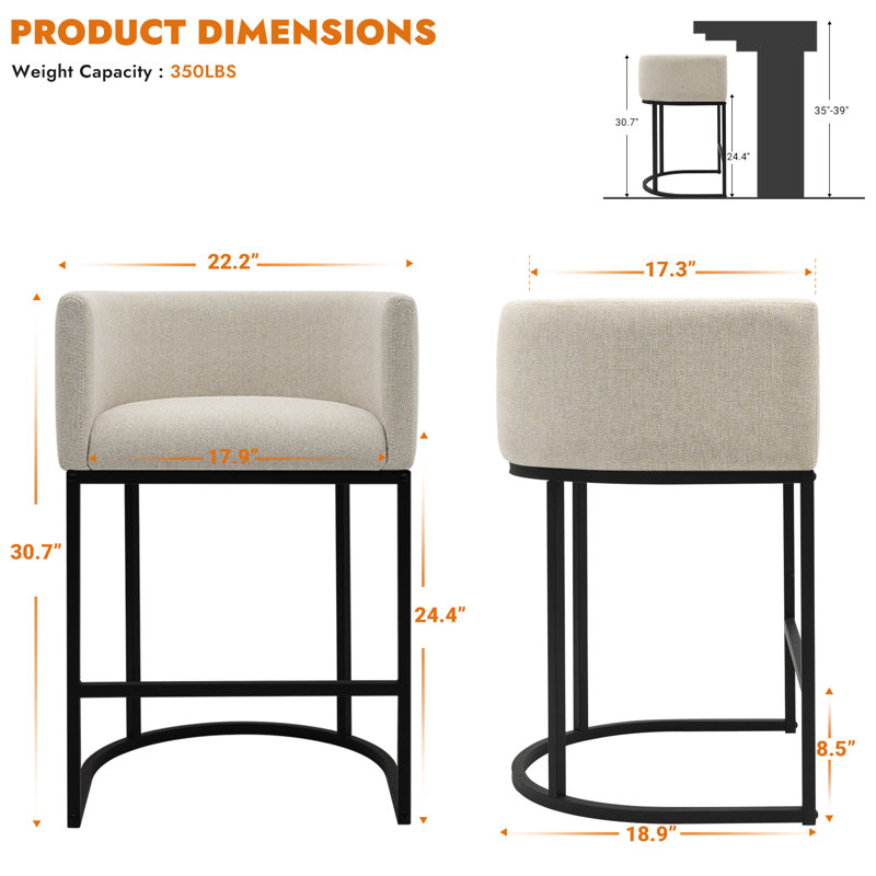 Upholstered Counter Stool with Metal Frame, Beige