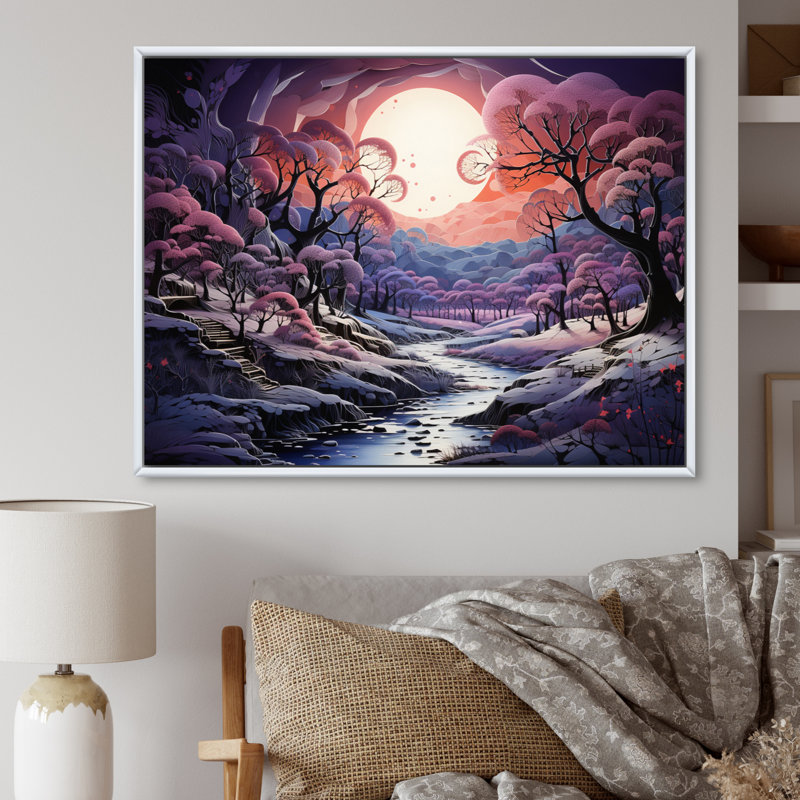Impression sur toile «Purple Forest Winters Papercut», 30" H x 40" W, Cadre flottant blanc