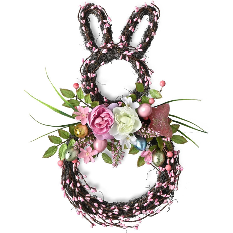Couronnes de lapin de Pâques pour la porte d'entrée, couronne de Pâques avec décorations d'œufs pastel pour la maison, couronne de porte de printemps avec fleurs de pivoines sur des brindilles mixtes pour fenêtre murale (18 pouces)