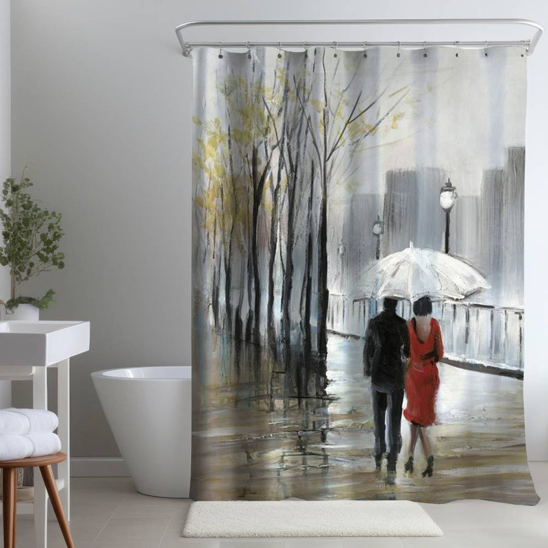 Contemporary – Couple Walking Under Rain Scene – Polyester Shower Curtain, Dye Sublimation Print, 71" W × 74" L