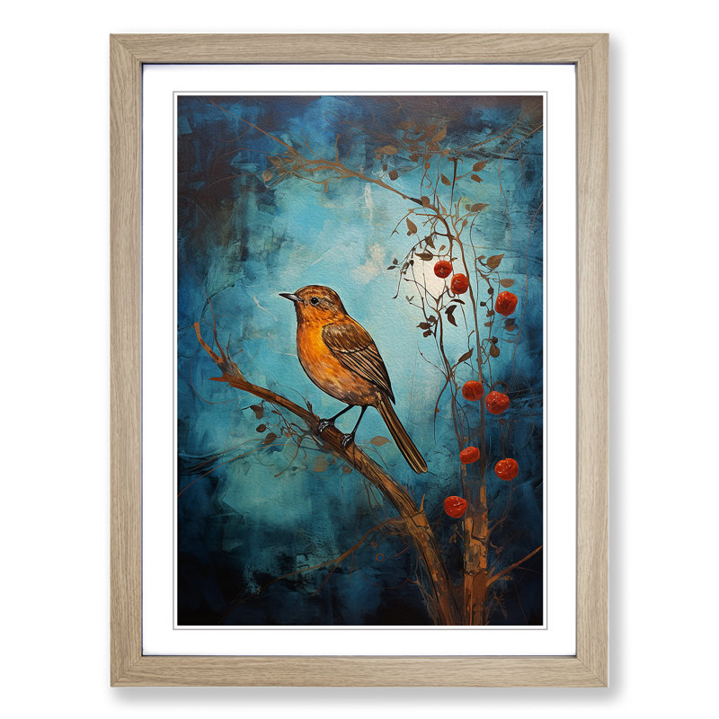 Robin Bird Expressionism - Single Picture Frame Print on Wood, Oak, 46cm H x 34cm W x 2cm D
