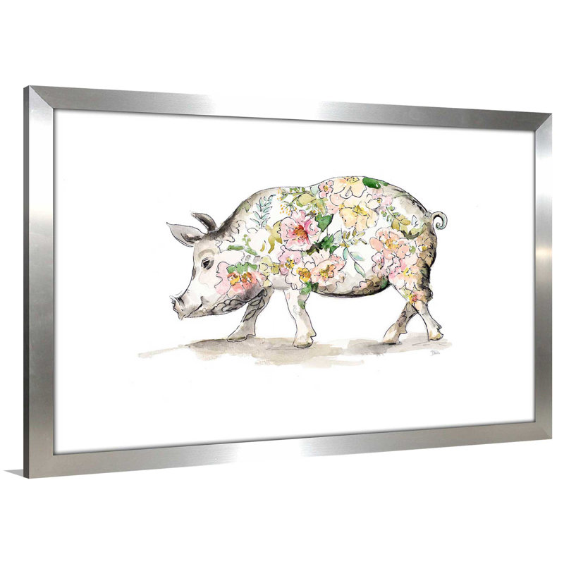 «Happy Little Pig», reproduction d'art sur toile encadrée, H 27,5 po x l 43,5 po x P 2 po, Cadre flottant espresso