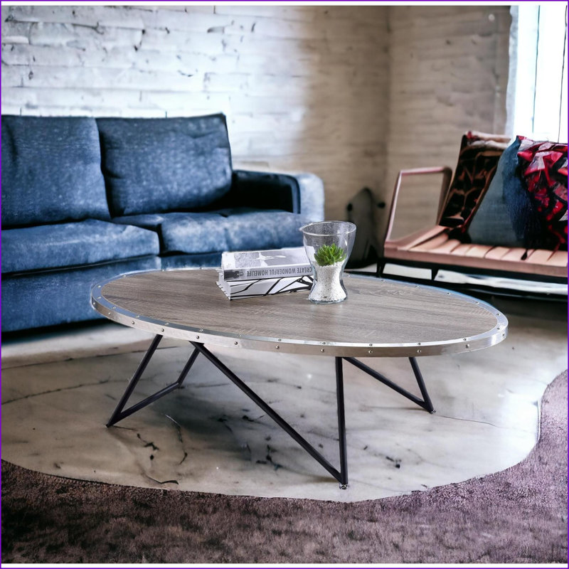 Table basse ovale en chêne gris avec base en métal - Table de salon de style industriel, capacité de poids de 70 lb