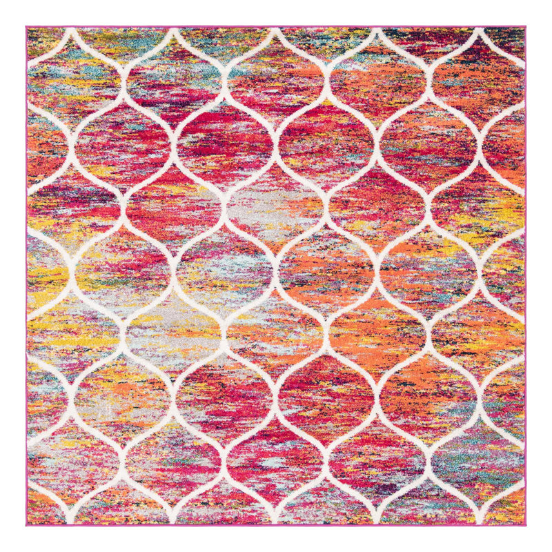 Tapis géométrique Llanet, Carré 7 pi 1 po, Rouge multicolore