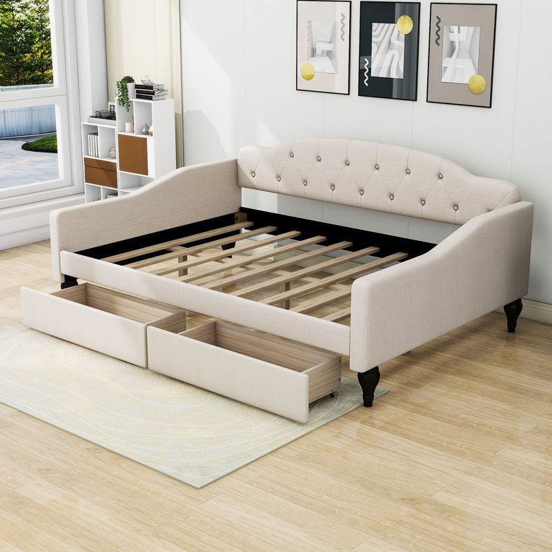 Full Size Linen Upholstered  Daybed With Two Drawers And Slats