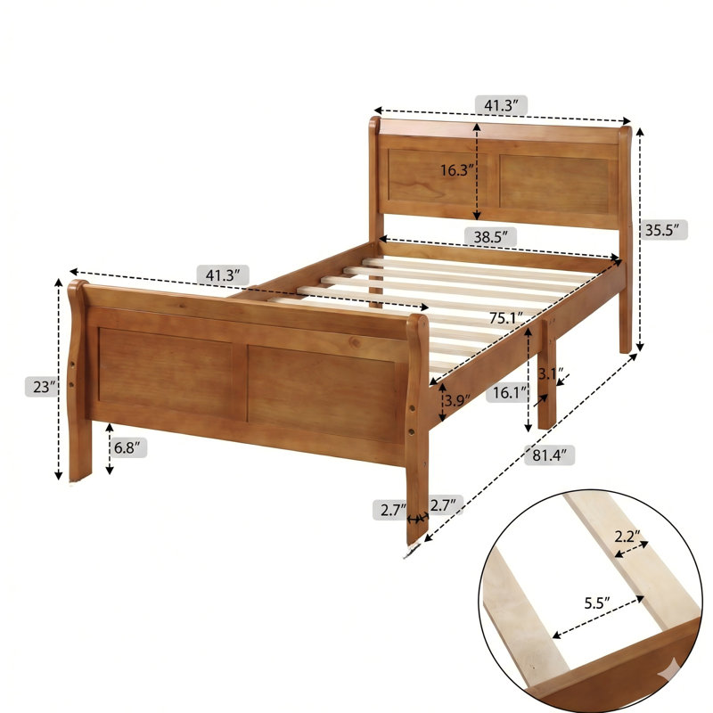 Structure de lit simple en bois avec sommier et sommier, lit de style traîneau avec tête de lit et pied de lit / système de support à lattes en bois