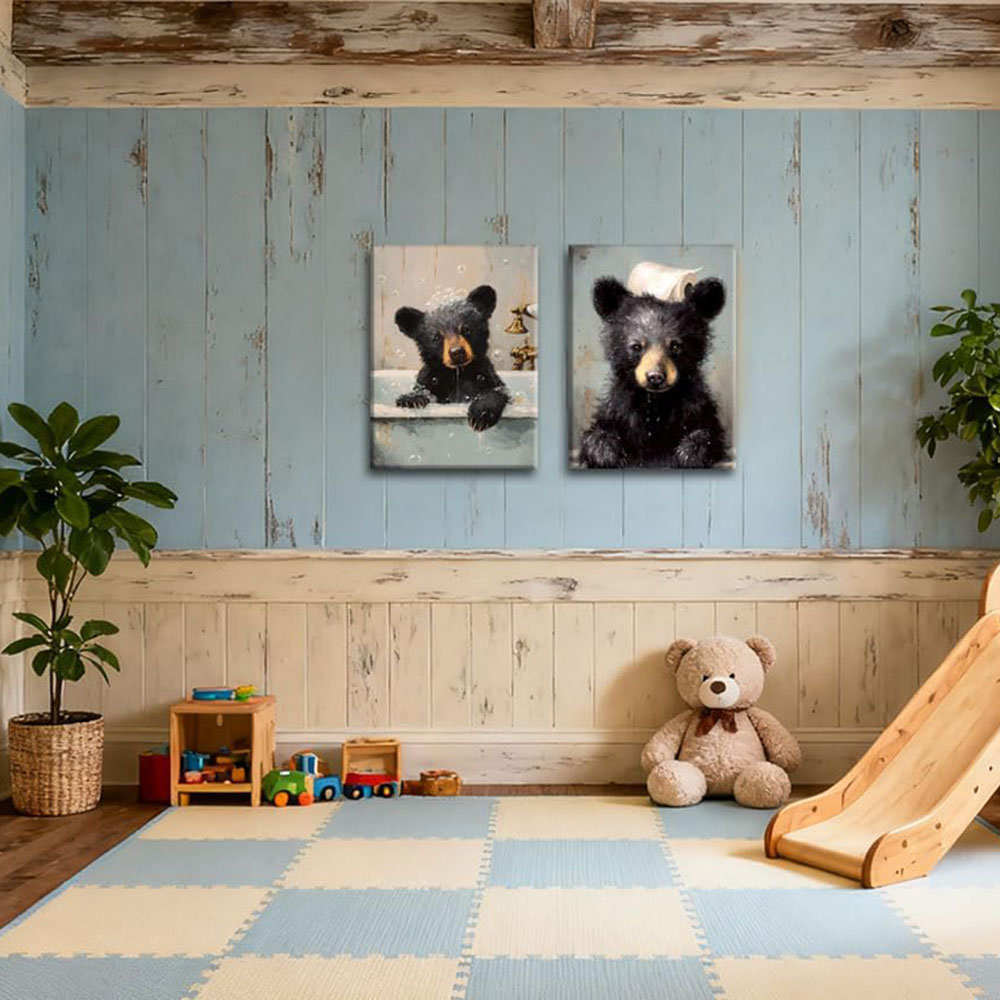 2 Piece Bear Bathroom Canvas Wall Art Set, Bathtub Bear Prints, Cute Humorous Posters Ready To Hang Home Decor12x16 Inches Framed