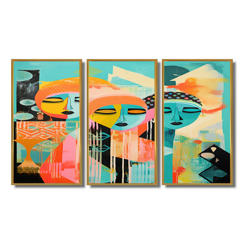 Serene Devotion Three Turquoise Woman Praying - Abstract Collages, impression d'art mural, Cadre flottant doré