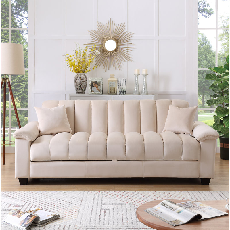 Canapé-lit double en velours avec rangement Biscuit, Crème, H 33,75 po x l 82,7 po x P 35,25 po