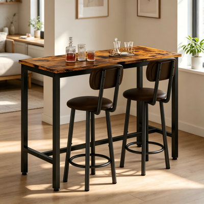 Bar Table and Bar Stools Set of 3, Industrial Counter Height Dining Table Set with Backrest Stools, Pub Breakfast Dining Set for Home Kitchen