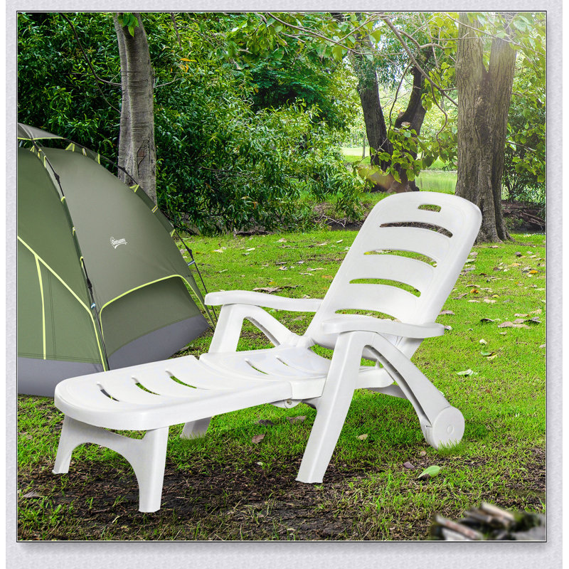 White Plastic Folding Outdoor Chaise Lounge with Adjustable Backrest and Wheels