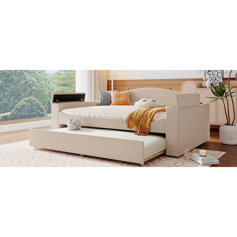 Beige Fleece Daybed With Storage And Trundle, Audio For Relaxation Comfortable Upholstered In Beige, , Trundle, Full