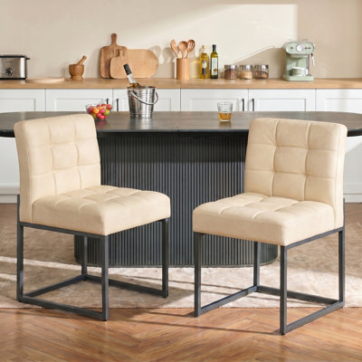 Beige Faux Leather Dining Chairs , Mid-Century Modern Dining Room Chairs with Armless, Checkered Kitchen Chair with Metal Legs