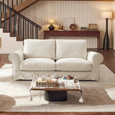 2-Seat Upholstered Loveseat with Rolled Arms and Skirted Base, White