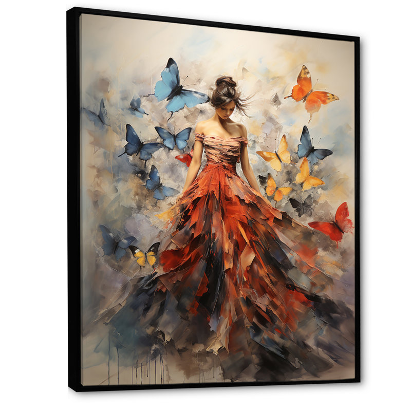 Papillon et femme dansant I - art mural papillon, H 32 po x l 16 po, Reproduction avec cadre flottant, Noir