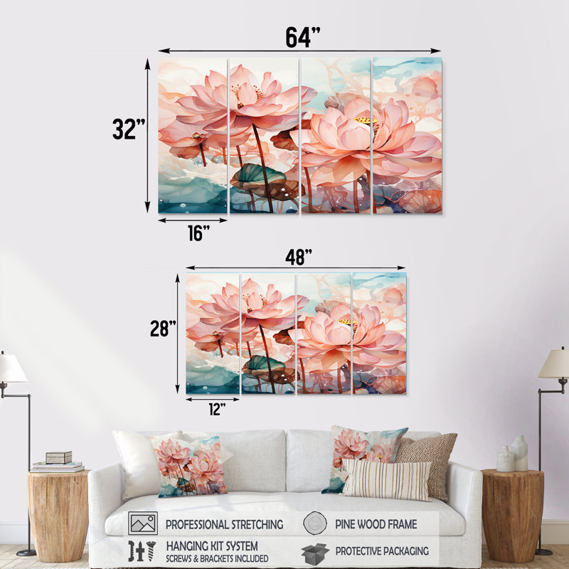 Lotus Pond, encre de Chine rose et verte - art mural 4 pièces, H 32 po x l 64 po