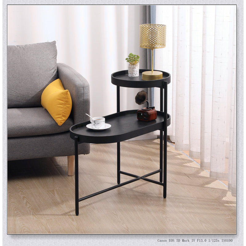 Table d'appoint à 2 niveaux avec rangement, structure en fer robuste et plateaux élégants en panneau de fibres à densité moyenne pour les espaces de vie modernes