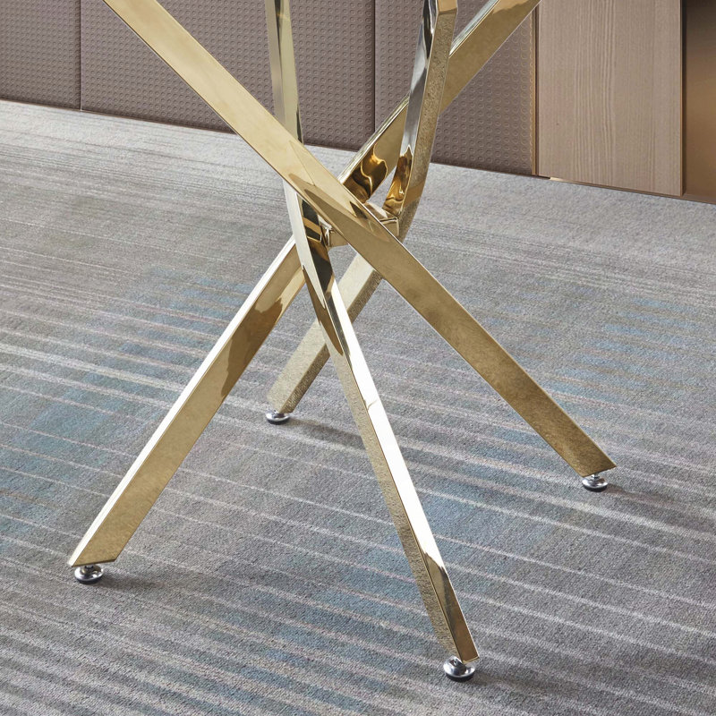 Table de salle à manger ronde en verre trempé transparent avec pieds en acier inoxydable doré, Doré