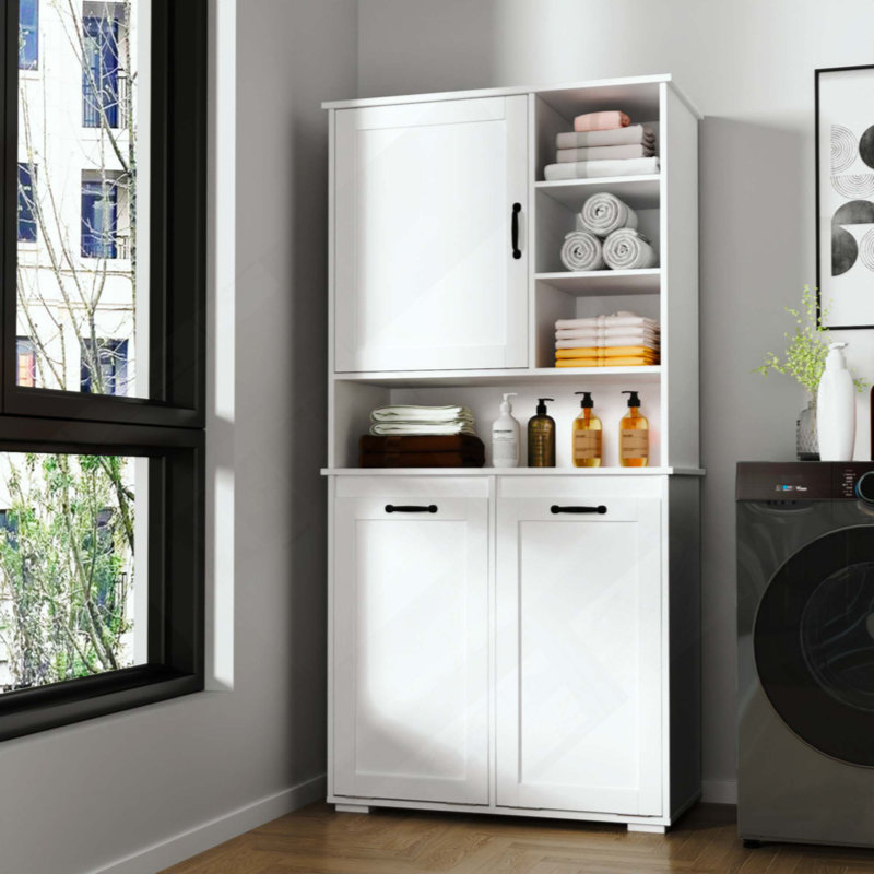 Freestanding Laundry Cabinet with Tilt-Out Laundry Hamper, Adjustable Shelves, Open Shelves & Closed Doors, Multi-Purpose Storage Organizer
