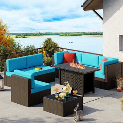 8-Piece Outdoor Rattan Patio Set with Fire Pit Table