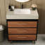 Meuble-lavabo de style Mid-Century de style moderne avec lavabo vasque en céramique intégré, plateau en pierre frittée teintée et compartiment inclinable pour une pierre à gratter minimaliste à récupération rapide, un drain réglable