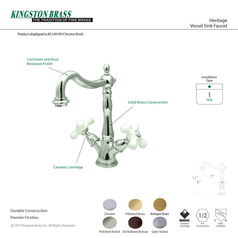Kingston Brass Heritage Two-Handle 1-or-3 Hole Deck Mount Vessel Faucet, Polished Chrome