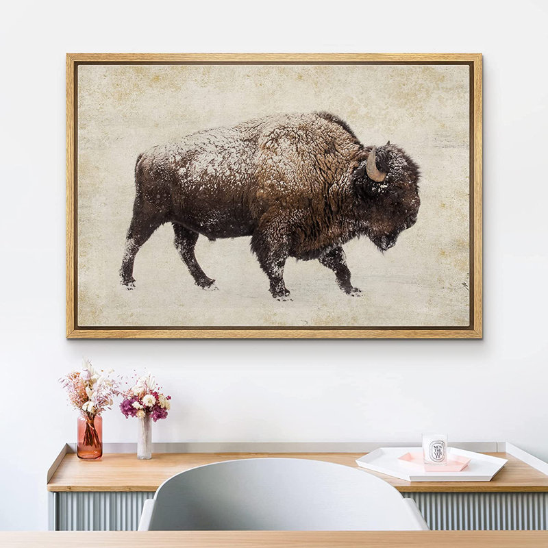 Sépia double exposition Buffalo Bison, art mural rustique, décor de ferme encadré sur toile, H 24 po x l 36 po, Naturel