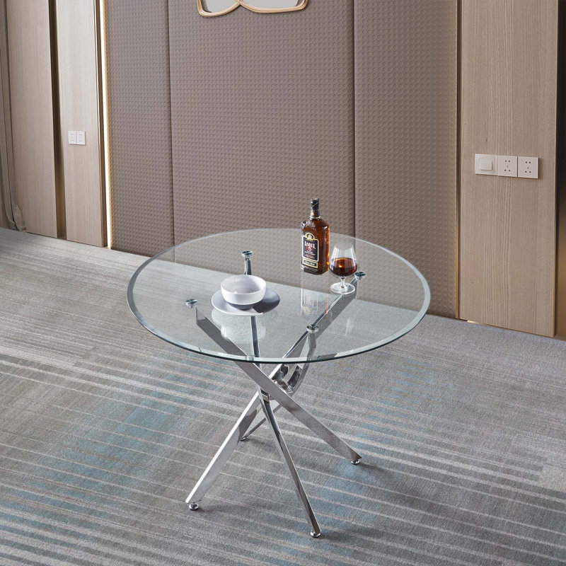 Table de salle à manger ronde contemporaine en verre transparent avec pieds en acier inoxydable, Argent