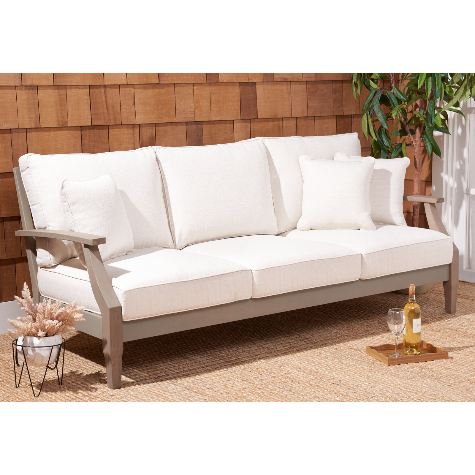 Samya 82" Eucalyptus Patio Sofa, Light Gray/Beige