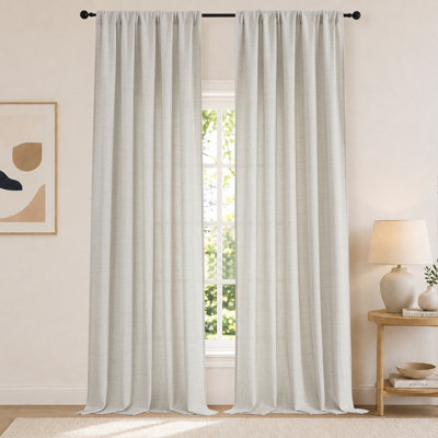 Extra Wide Natural Curtains 120 Inches Long 2 Panels, Extra Long Light Filtering Textured Curtains for Living Room Sliding Glass Door, Lightweight Farmhouse Rod Pocket Drapes, 2x52Wx120L Inches