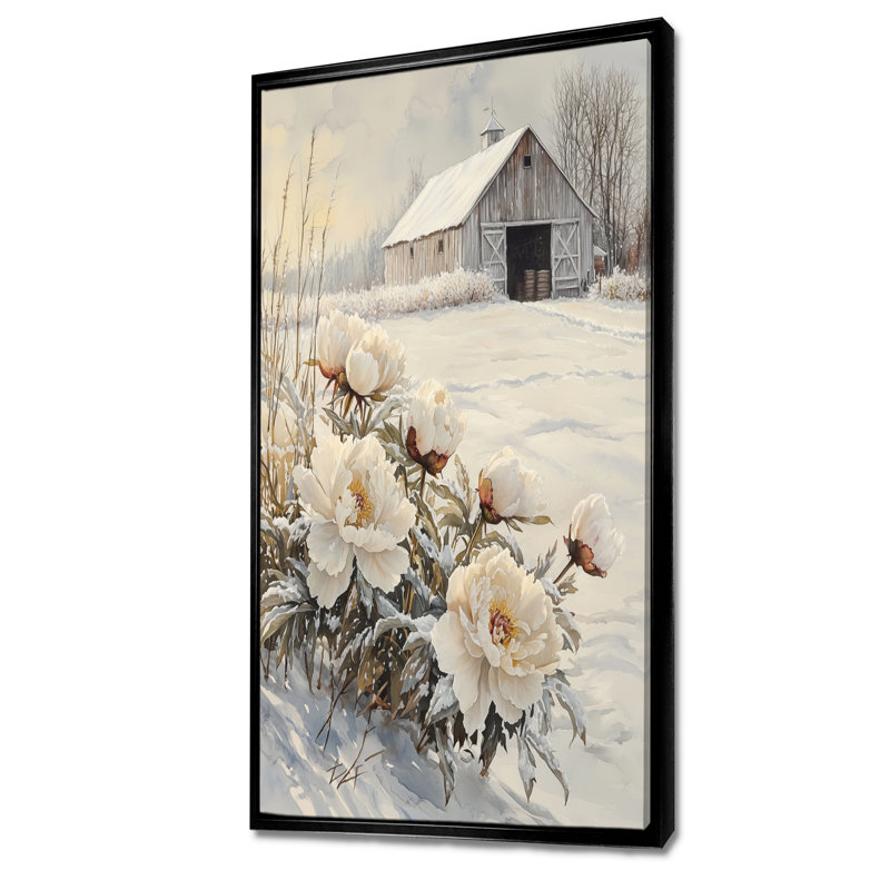 Hiver, pivoines par la grange - pivoines, art mural, H 60 po x l 28 po, Reproduction avec cadre flottant, Noir