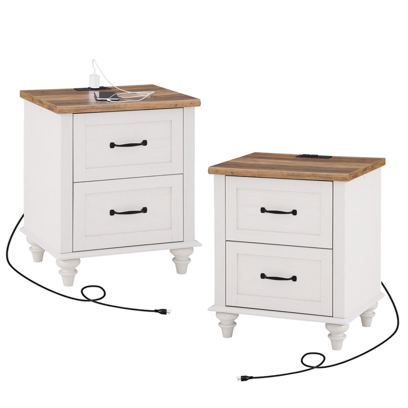 Scarlett Nightstand with Charging Station for Bedroom, White/Brown