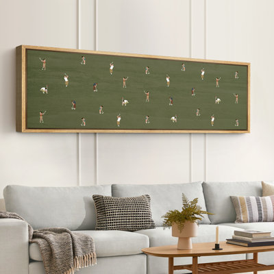 Whimsical Golfers on Green Large Framed Canvas Print Wall Art, Playful Mid-Century Decor
