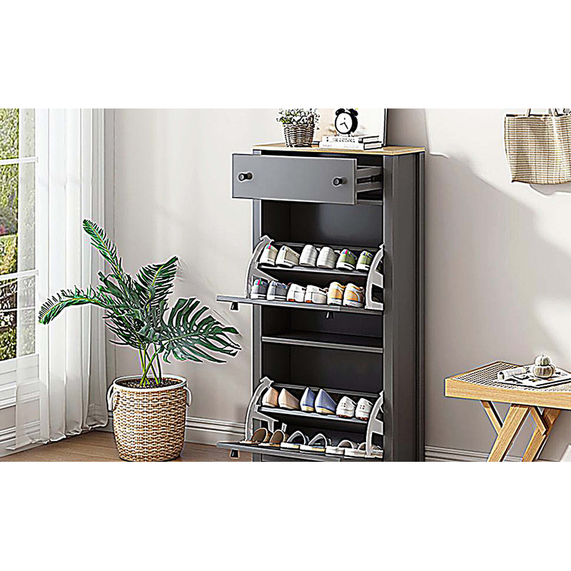 Rangement fonctionnel pour hall d'entrée avec 2 tiroirs rabattables, armoire à chaussures avec tiroir à motif grain de bois et étagère à chaussures avec panneau réglable