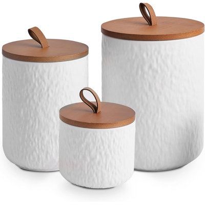 Ensemble de 3 pots en céramique blanc pierre avec couvercle en bois