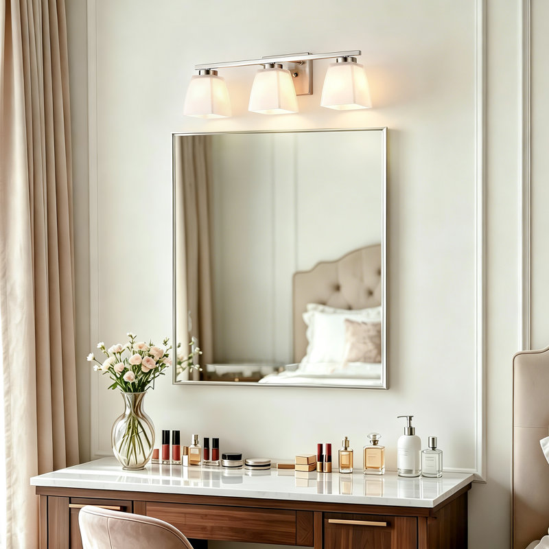 22 In. 3-light Modern Vanity Light With Square Etched White Glass Shades, Nickel
