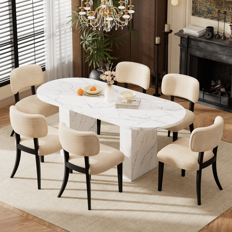 Ensemble de table de salle à manger ovale avec plateau en bois aggloméré 62,9 po et 4 à 6 chaises rembourrées en tissu pour la salle à manger de cuisine