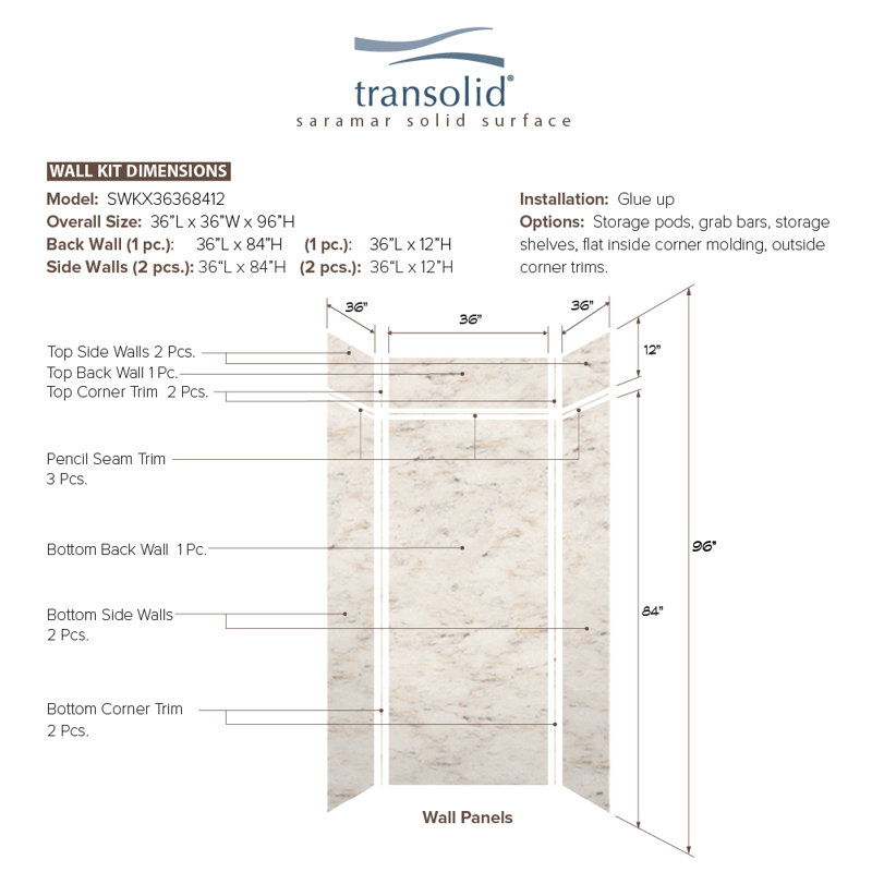 SaraMar 36 W 36 D 96 H Glue Up Solid Surface Wall