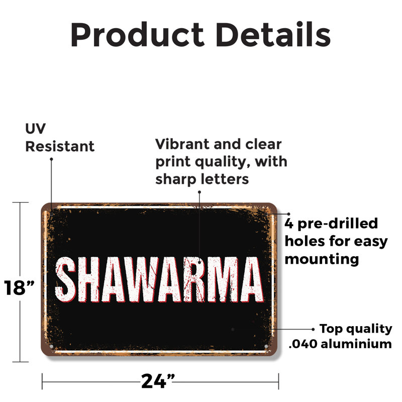 Enseigne fantaisie en aluminium 18 po x 24 po Shawarma Street, H 18 po x l 24 po x P 0,1 po