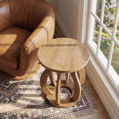 Table de bout ronde, table d'appoint Farmhouse Couch pour le salon, table de chevet en bois avec cadre incurvé