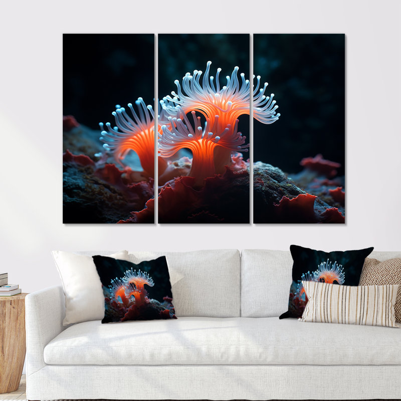 Ensemble de salon art mural orange corail sous l'eau Actinia, H 32 po x l 48 po x P 1 po