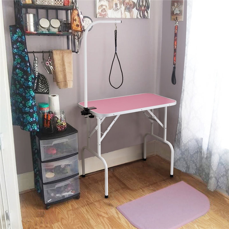 Pink Foldable Dog Grooming Table with Adjustable Arm and Noose