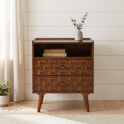 Modern Walnut Nightstand with Built-In USB/AC Charging and Dual Drawers