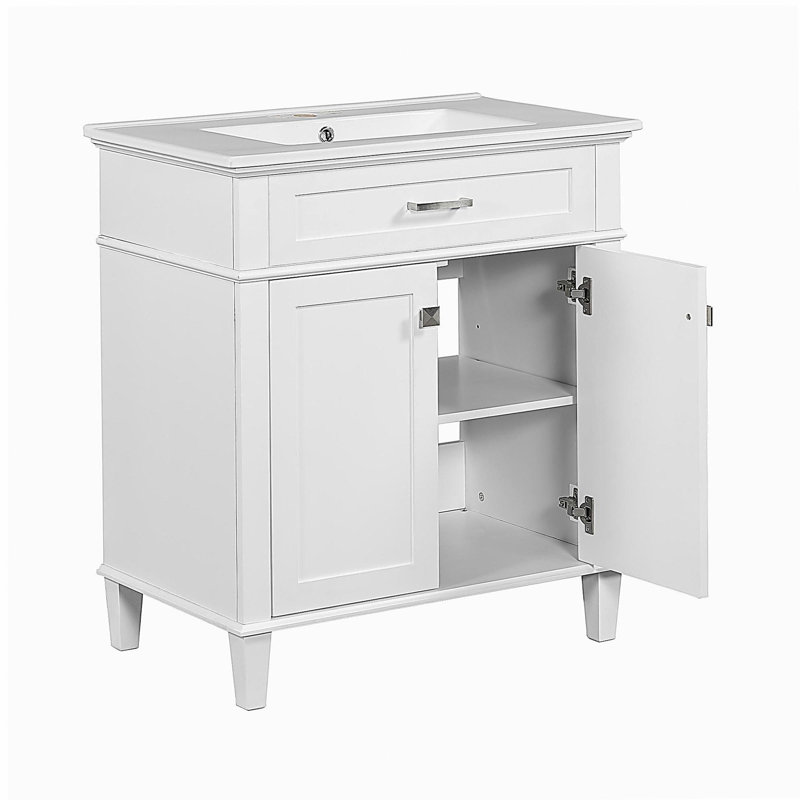 Meuble-lavabo de 30 po avec lavabo en céramique, portes à fermeture en douceur et tablettes réglables, Blanc