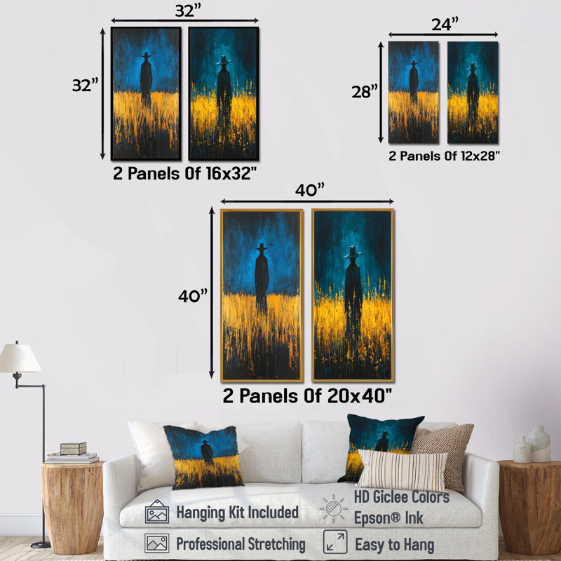 «Scarecrow Silhouette At The Farm I - Man», ensemble d'art mural 2 pièces, H 28 po x l 24 po, Cadre flottant blanc