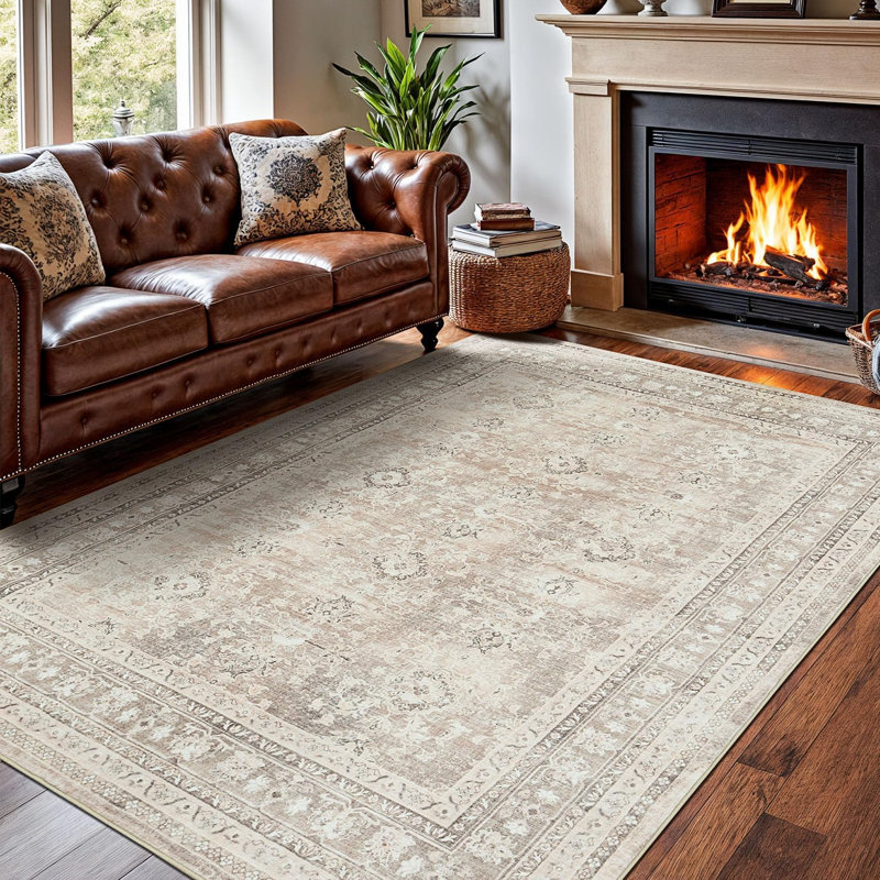 5'X7' ft Vintage Machine Washable Distressed Boho Floral Accent Area Rugs Beige, Rectangle 5' x 7'