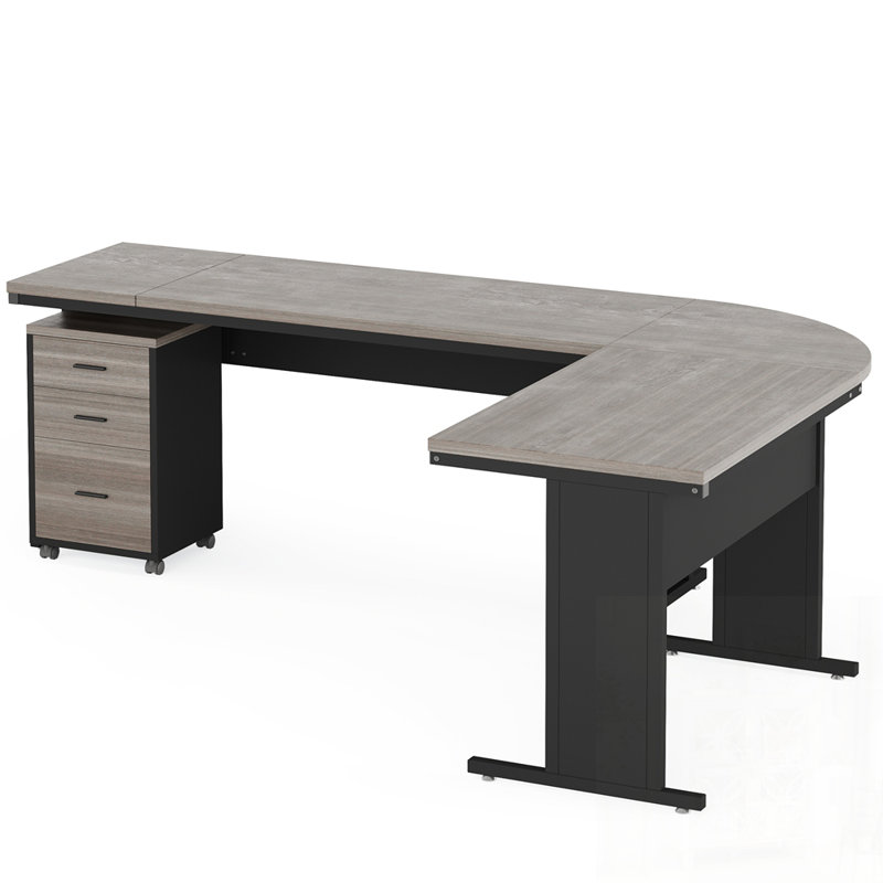 Bureau de direction en L avec design réversible, classeur mobile à 3 tiroirs et grande surface de travail industrielle pour le bureau à domicile