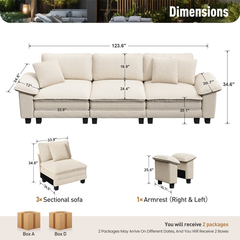 Canapé modulaire de 124 po, canapé Cloud Comfy pour salon, canapé 3 places à assise profonde avec coussin décoratif, 3