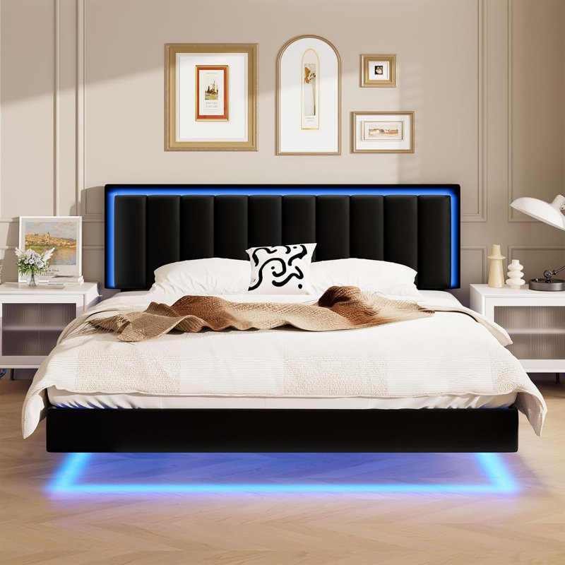 Floating bedstead double bed with RGB LED light, upholstered bedstead double bed with headboard, solid wood Flat noodles support, no spring, no noise, easy to assemble