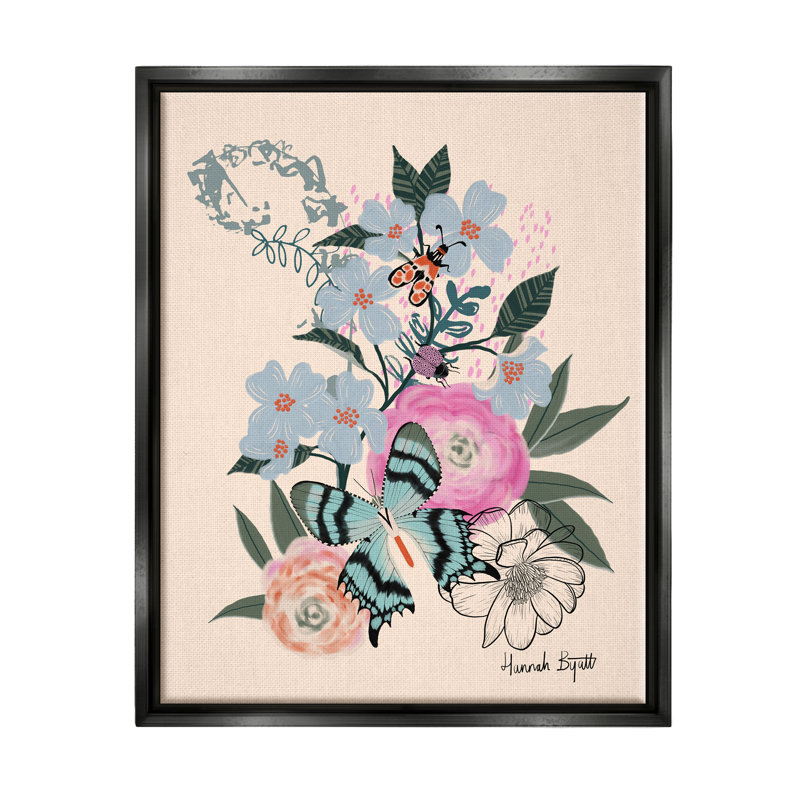 «Pastel Flowers and Butterfly On Canvas» par Hannah, impression, H 21 po x l 17 po x P 1,7 po, Cadre flottant noir de jais